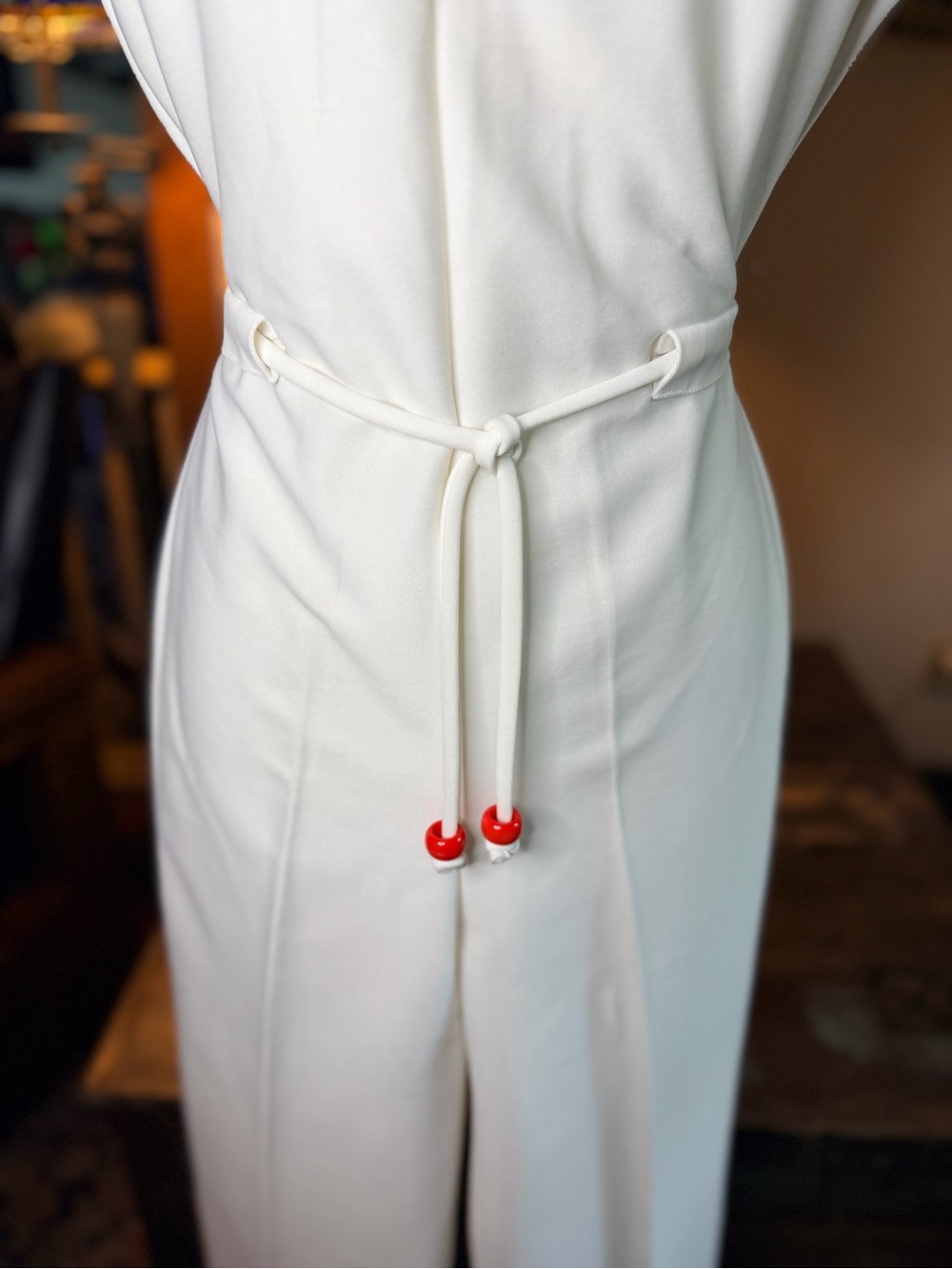 VINTAGE 70s! White Knit Jersey Jumpsuit with Smocked Rainbow Trim, drawstring - Picture 4 of 16